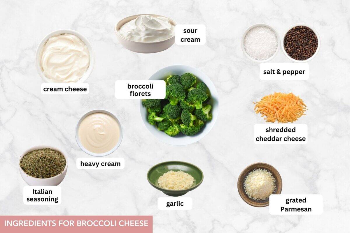 This cheesy broccoli casserole will become your new go-to side. Packed with melty, bubbly cheese, how can anyone not love it? Broccoli cheese ingredients with text labels placed over each ingredient.