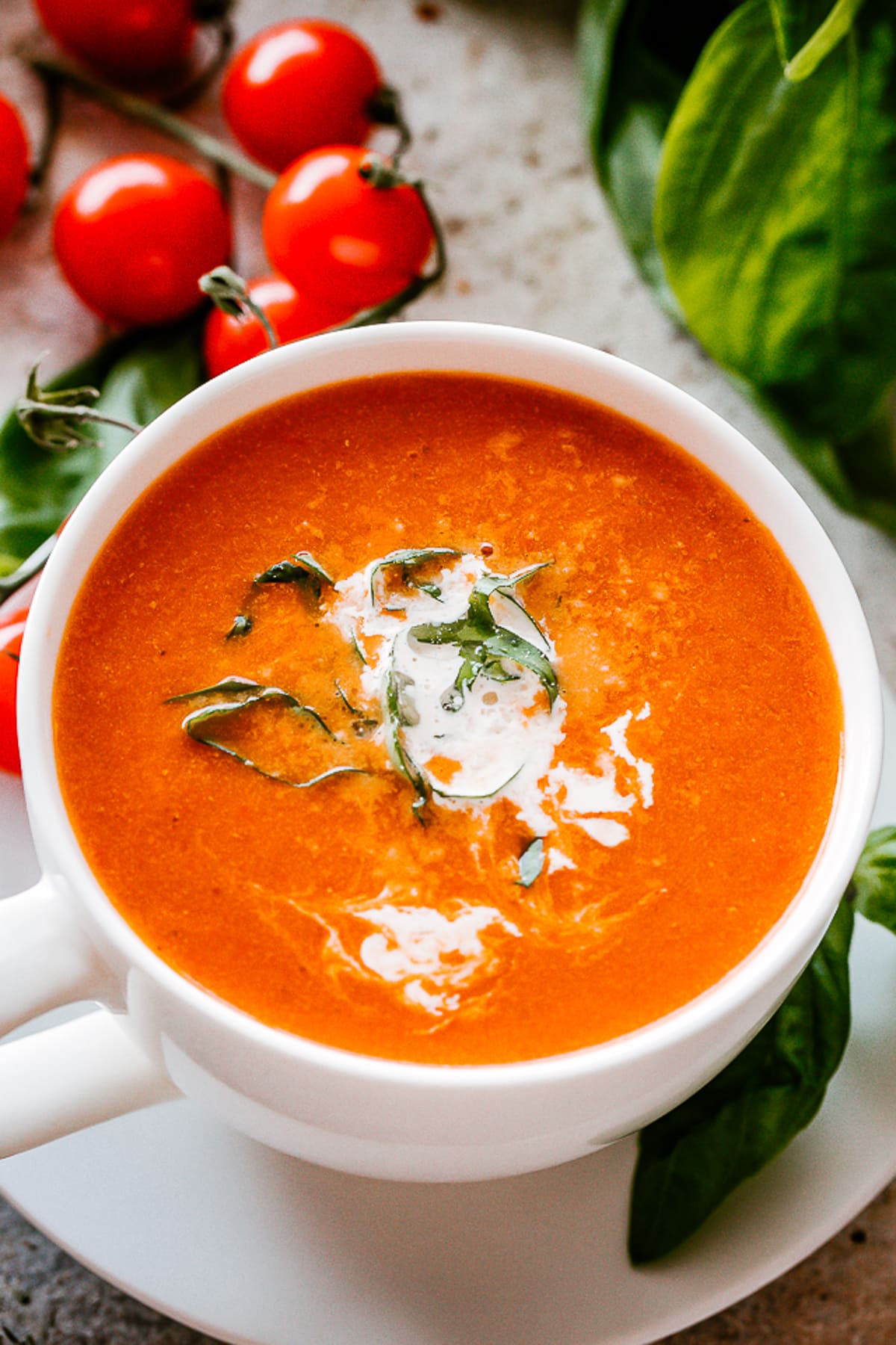 Roasted tomato soup served in a white mug and garnished with sliced basil plus a drizzle of heavy cream.