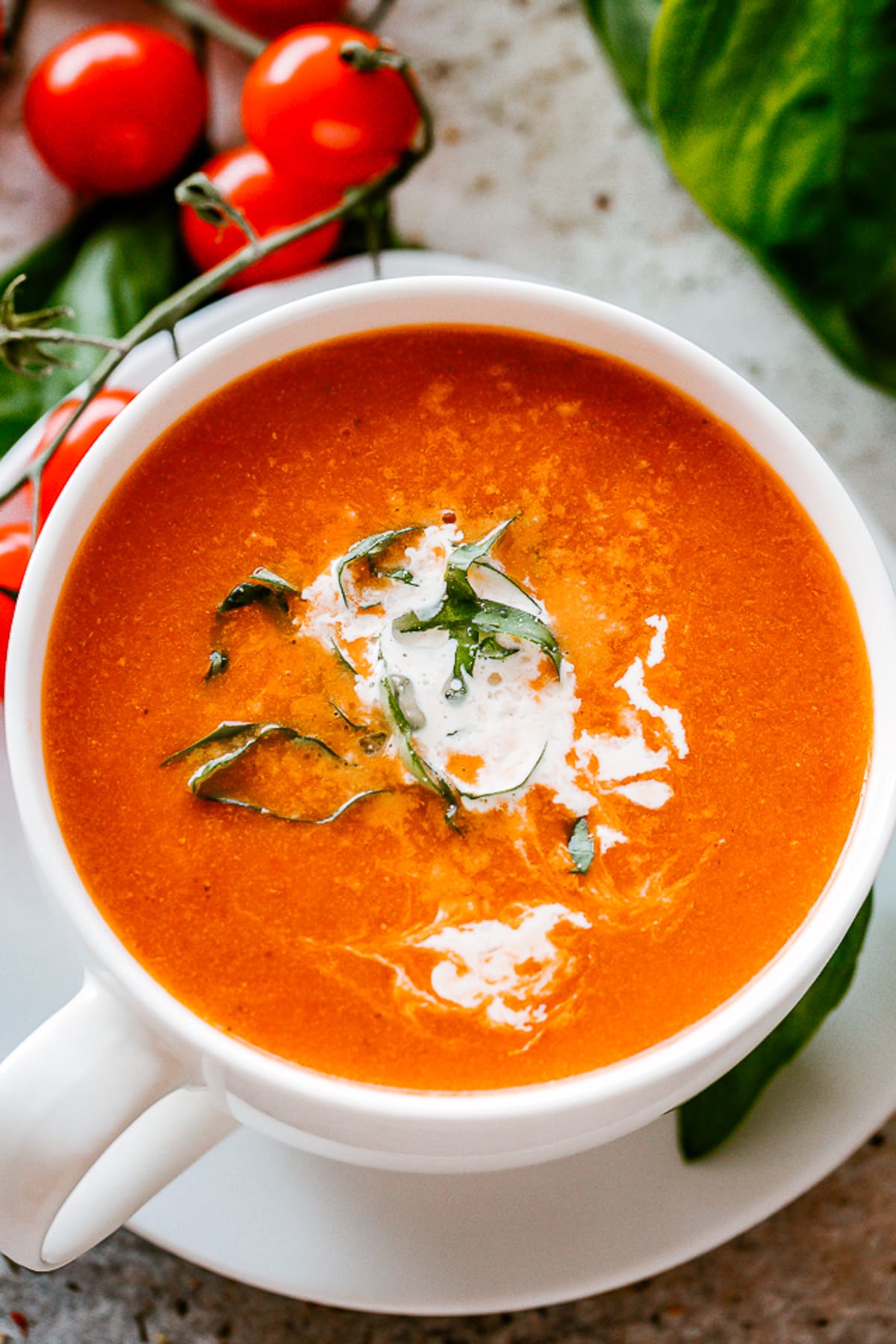 Bowl of Roasted Tomato Soup garnished with basil and parmesan cheese.