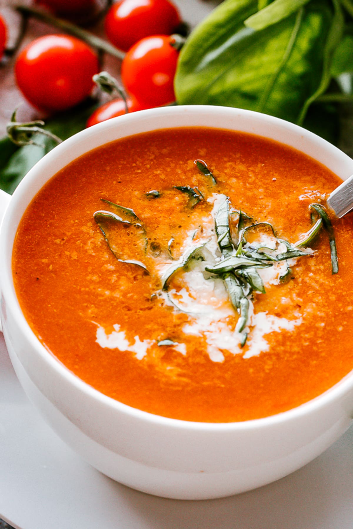 Tomato soup in a white bowl.