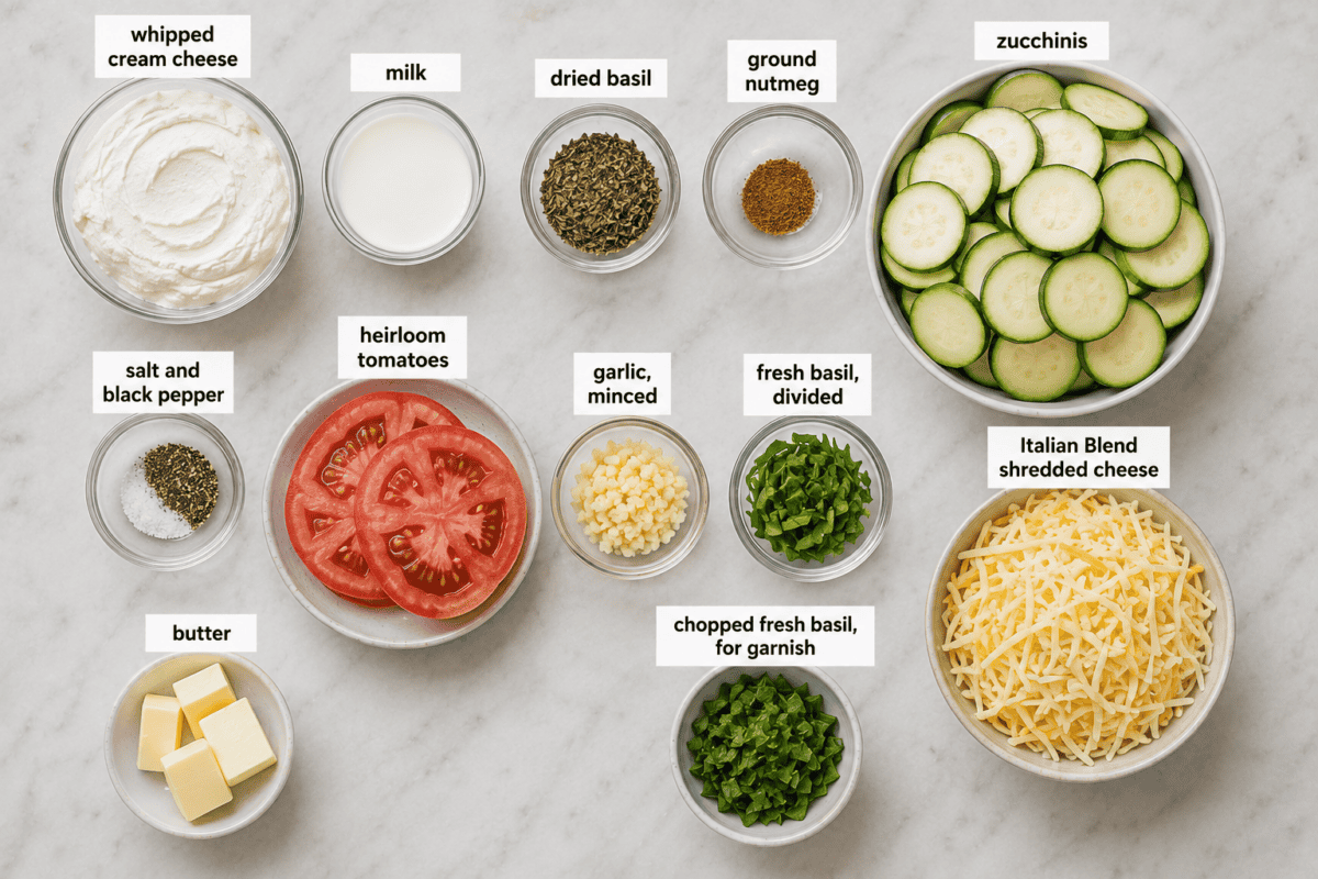 This delicious zucchini tomato casserole is made with layers of tender zucchini and tomatoes, coated in a creamy, cheesy blend that’s packed with flavor. Overhead view of zucchini tomato casserole ingredients, including sliced zucchini, heirloom tomatoes, cream cheese, basil, garlic, shredded cheese, butter, milk, and seasonings.
