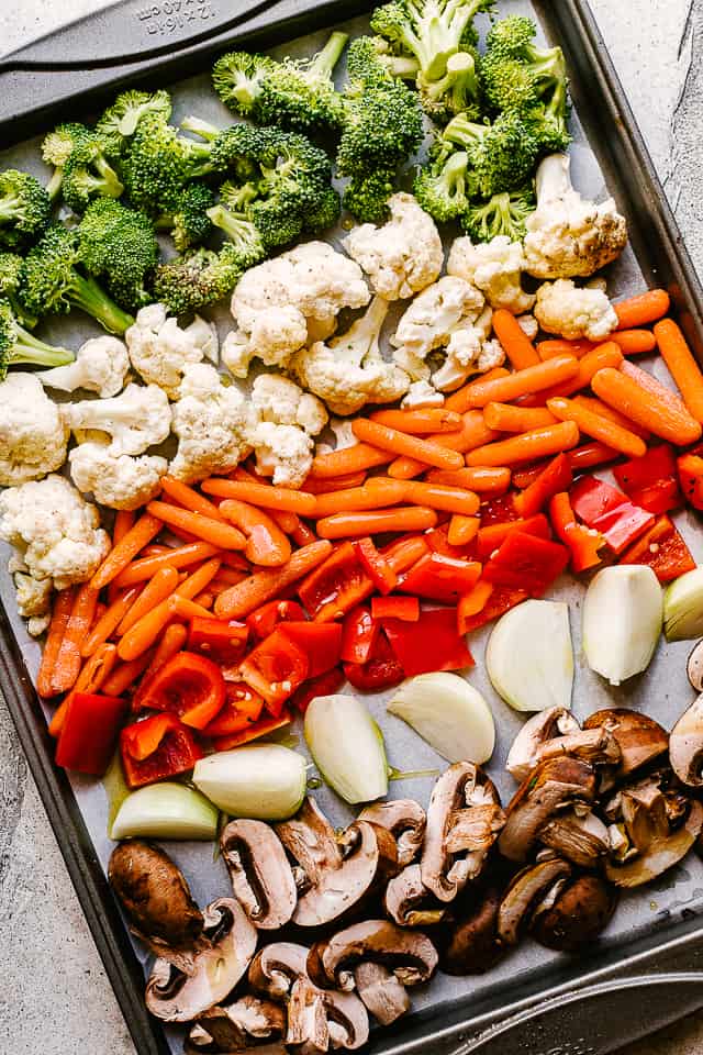 Vegetables on a sheet pan.