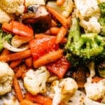 Roasted broccoli, cauliflower, bell peppers, carrots, and mushrooms.