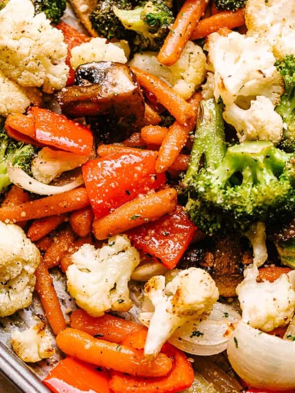 Roasted broccoli, cauliflower, bell peppers, carrots, and mushrooms.