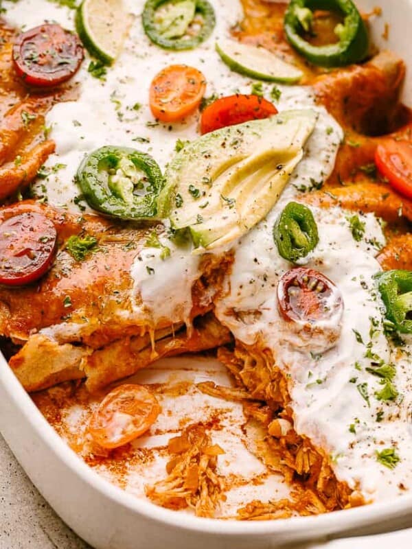 Chicken Enchiladas in a baking dish.