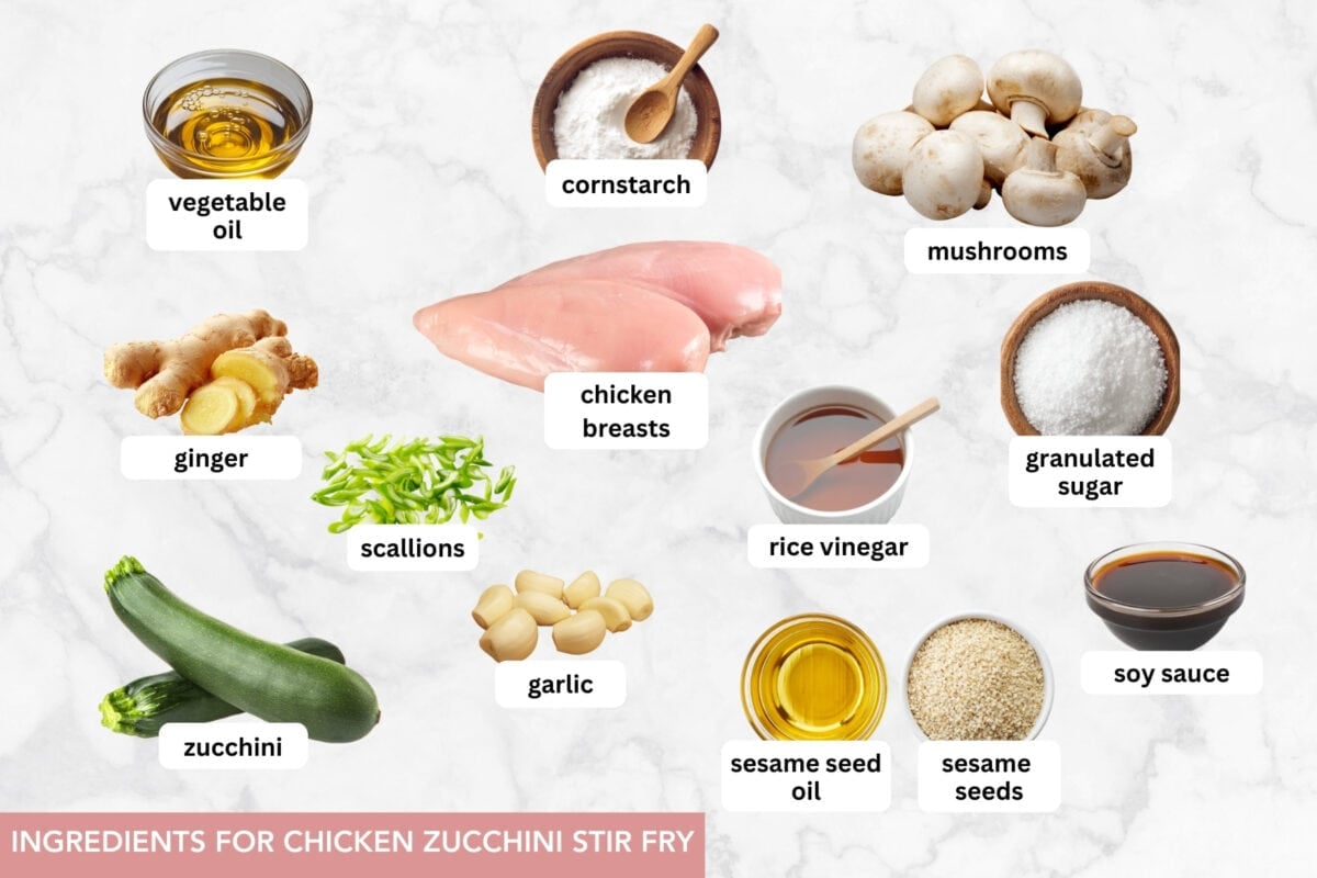 Quick, simple, and delicious, this Chicken Stir Fry with mushrooms and zucchini is a family favorite takeout fakeout recipe. Chicken, zucchini, and mushroom stir-fry ingredients with text labels overlaid on each ingredient.