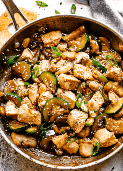 photo of a Skillet with stir fried chicken, mushrooms, and zucchini.
