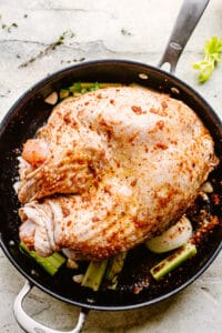 top view of raw turkey breast cooking in a skillet