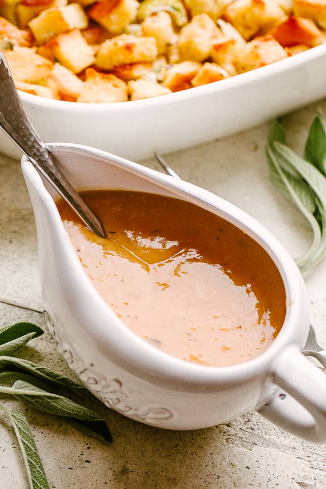 Turkey gravy in a gravy boat.