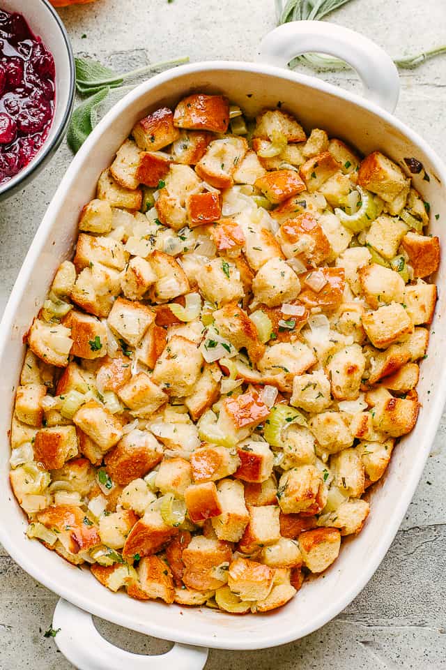 Classic Stuffing in a casserole dish.