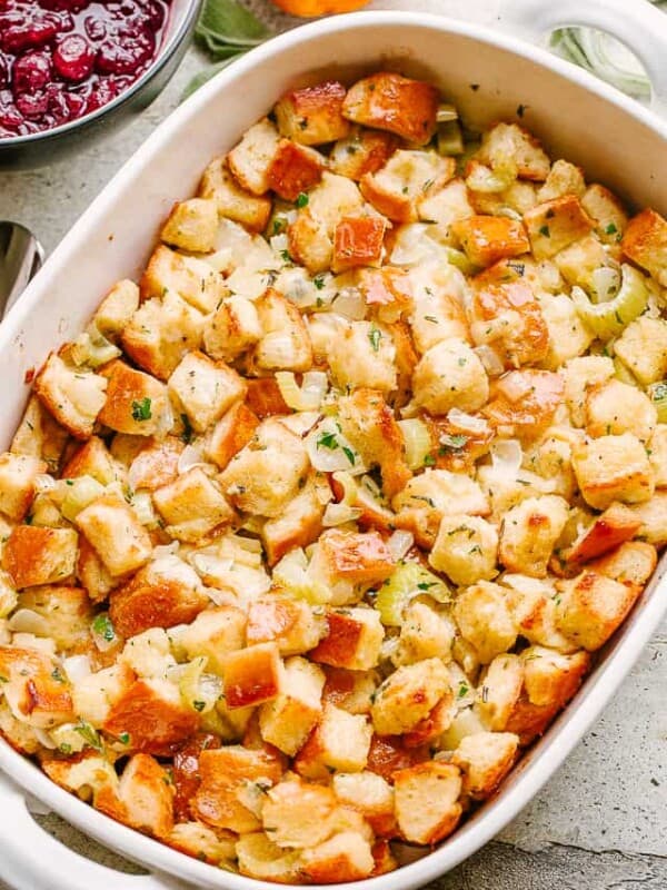 A casserole dish full of traditional Thanksgiving stuffing.
