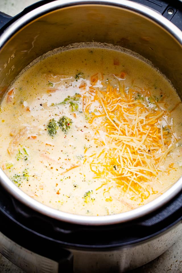 Broccoli Cheese Chicken Soup inside an Instant Pot.