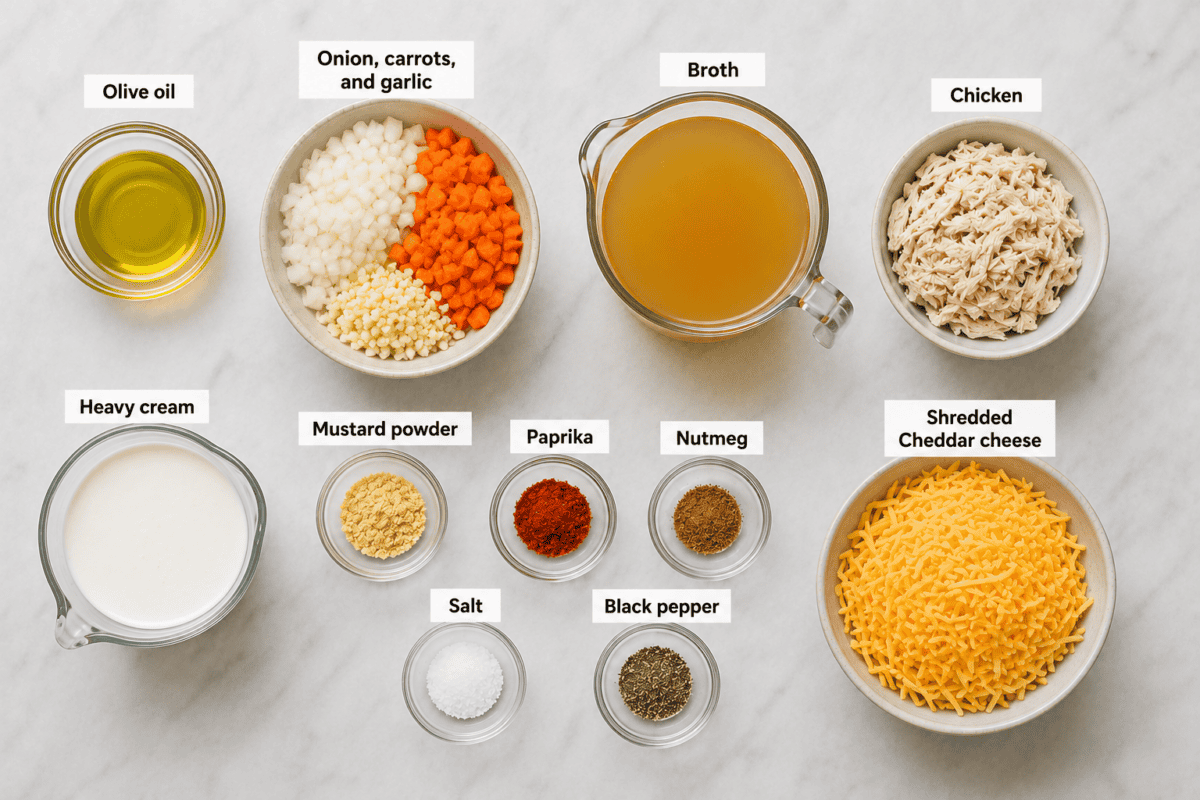 Make this Instant Pot broccoli cheese soup in about 20 minutes! This creamy, cheesy soup is packed with broccoli, veggies, and shredded chicken. Overhead view of chicken broccoli cheese soup ingredients, including shredded chicken, cheddar cheese, carrots, onion, garlic, broth, heavy cream, olive oil, and seasonings.