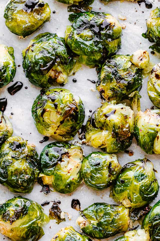 Brussels sprouts drizzled with balsamic glaze.