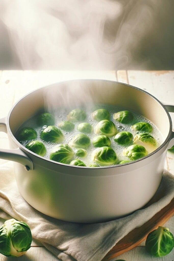 Boiling brussel sprouts in a Dutch oven.
