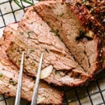 Roast Beef on cooling rack.