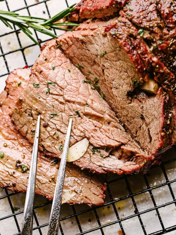 Roast Beef on cooling rack.