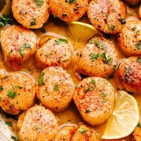 scallops in butter sauce with parsley and lemon slices