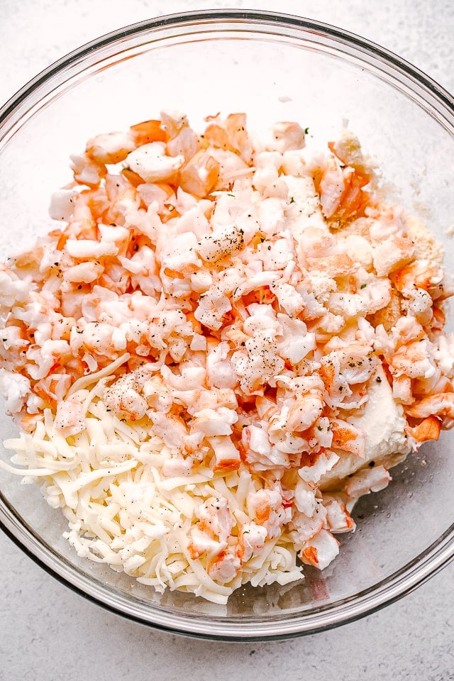 Chopped shrimp in a mixing bowl.