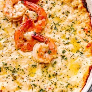 baked shrimp dip topped with cooked shrimp