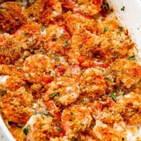 baked shrimp scampi in a baking dish