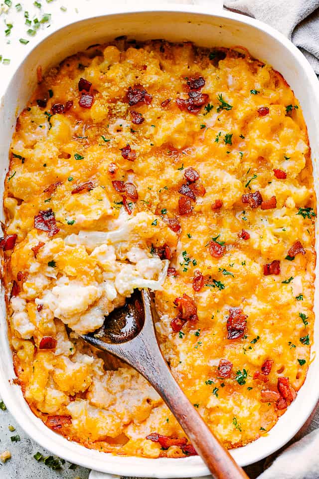 cauliflower mac and cheese in a baking dish