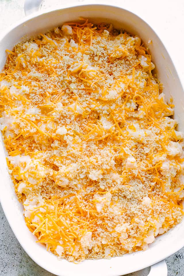 cauliflower and cheese topped with pork rinds crumbs