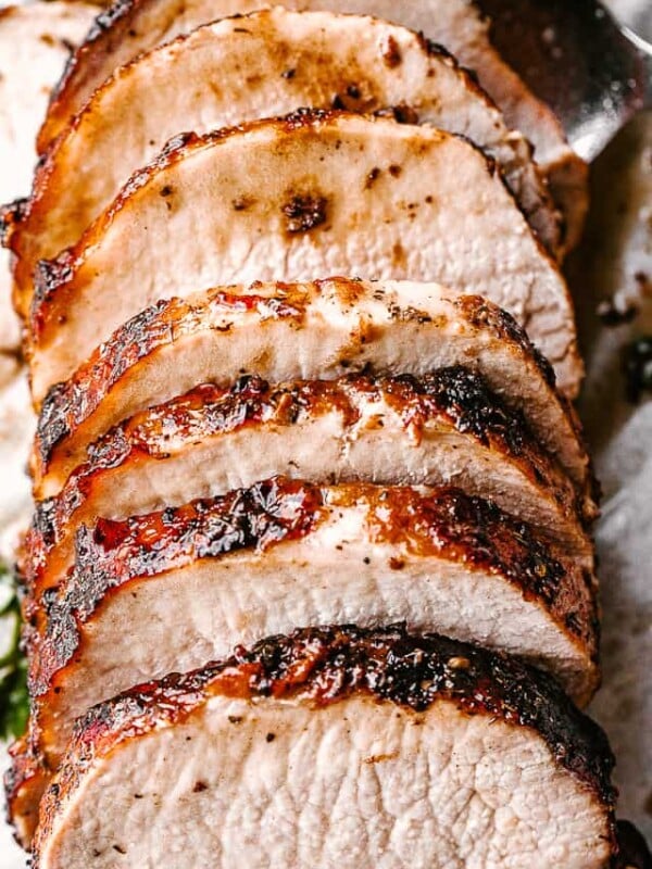 Cooked and sliced garlic balsamic crock pot pork loin