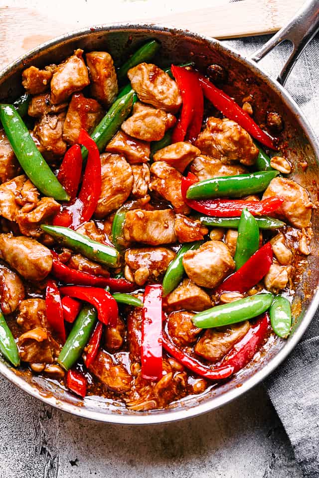 Skillet filled with homemade kung pao chicken