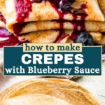 Crepes with blueberries Pinterest image.