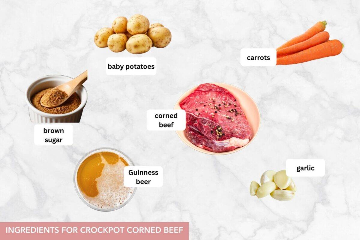 This easy Crock Pot Corned Beef is cooked in Guinness beer for a crispy, juicy and flavorful meal. Slow cooker corned beef ingredients with text labels overlaying each ingredient.