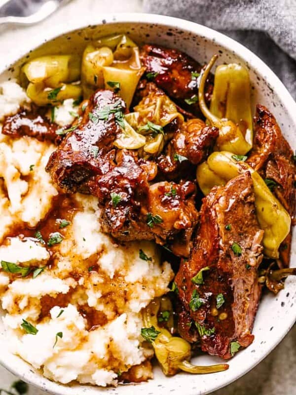 Instant pot Mississippi pot roast served with a side of mashed potatoes