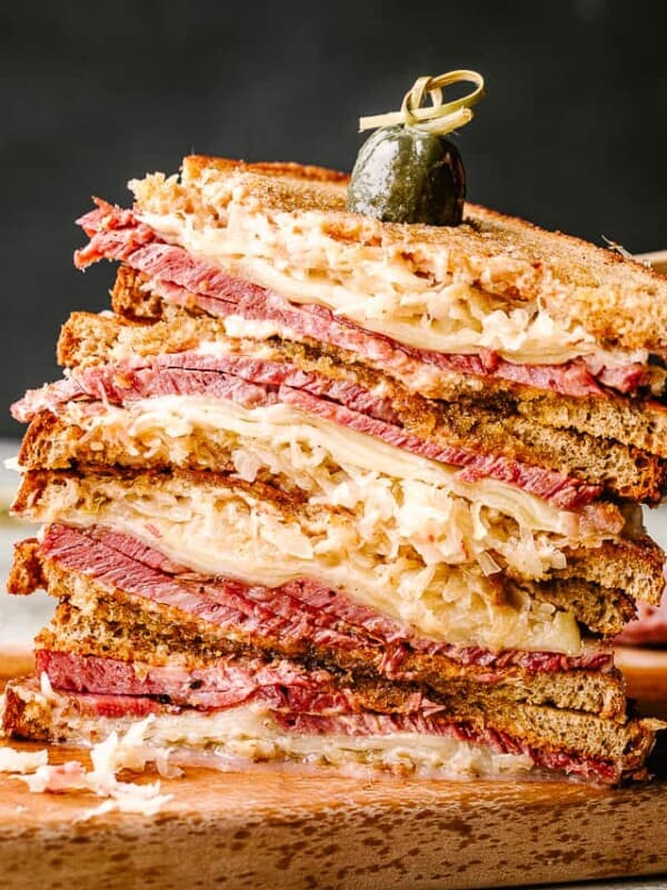 Stack of sliced reuben sandwich slices