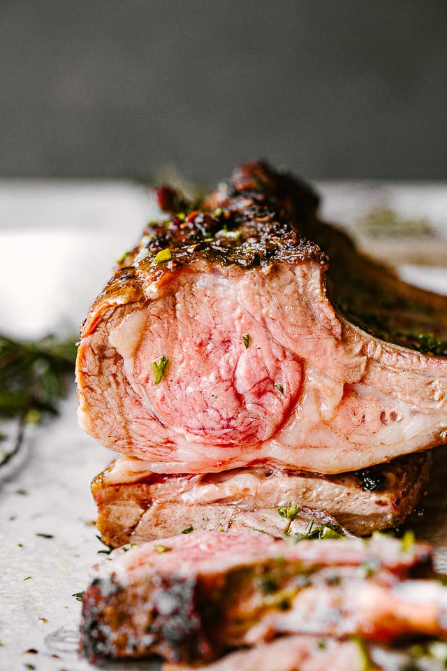 Slicing into a freshly roasted rack of lamb.