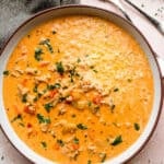 cheeseburger soup served in a soup bowl