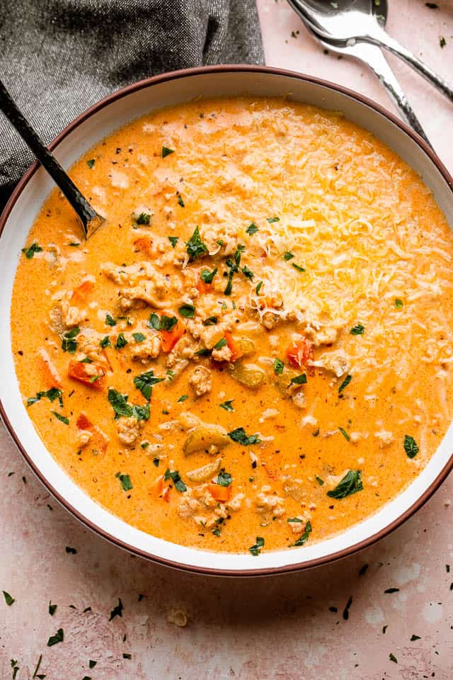 cheeseburger soup in a gray bowl