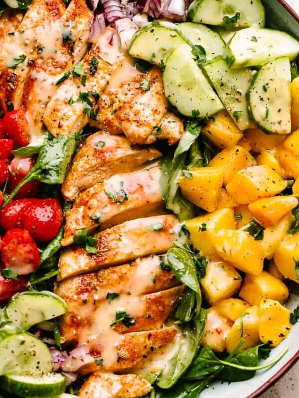 close up of chicken mango salad