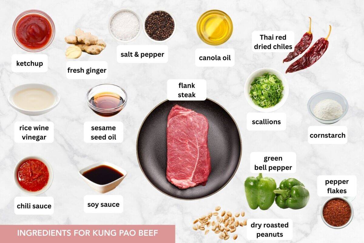 Whip up this Chinese favorite at home! My easy Kung Pao Beef recipe delivers a spice, sweetness, and tangy blend, finished with crunchy peanuts. Kung pao beef ingredients with text labels overlaying each ingredient.
