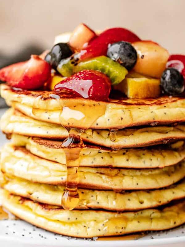 stacked low carb lemon poppyseed pancakes