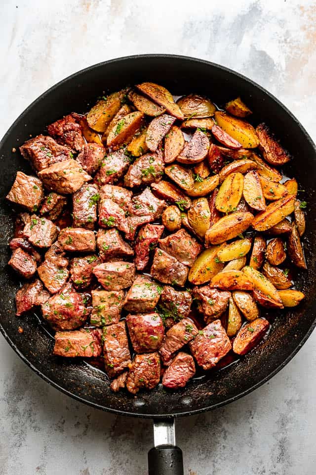 Tender Skillet Steak Bites with Crispy Potatoes | Diethood