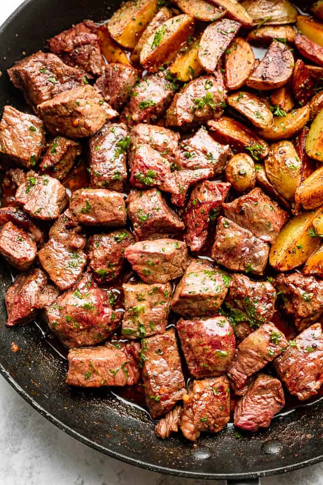 top view of cooked sirloin steak bites