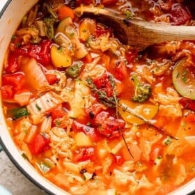 pot filled with cabbage soup with vegetables