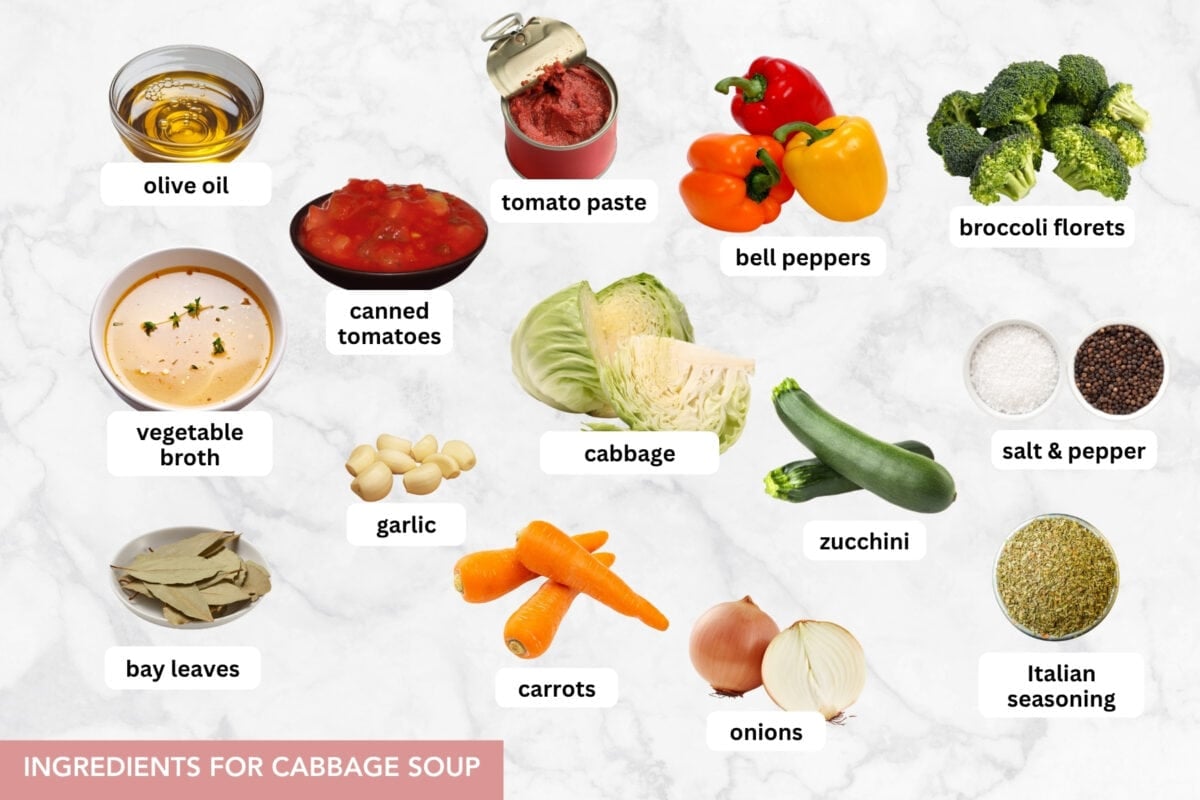 This easy cabbage soup recipe is packed with tender veggies simmered in a flavorful tomato broth. It’s hearty, delicious, and ready in 30 minutes! Ingredients for cabbage soup including cabbage, zucchini, carrots, bell peppers, broccoli, tomatoes, vegetable broth, garlic, and seasonings.