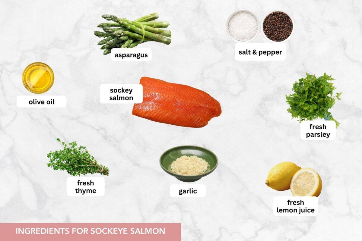 This easy, baked sockeye salmon recipe makes perfectly flaky and juicy sockeye salmon with tender asparagus roasted in the same pan. Sockeye salmon recipe ingredients with text labels set over each ingredient.