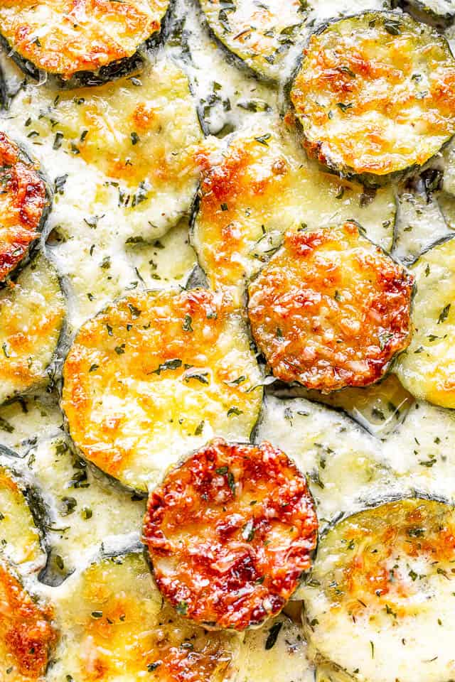 close up view of golden baked zucchini slices