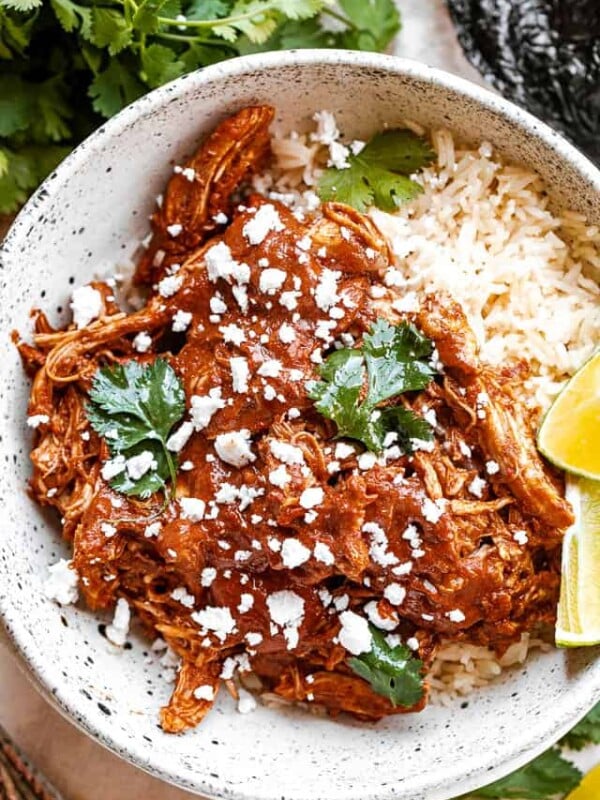 top view of Instant Pot Chicken Mole served in a bowl with rice and sprinkled with cheese and cilantro