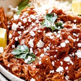 Chicken Mole served in a bowl with rice and sprinkled with cheese and cilantro