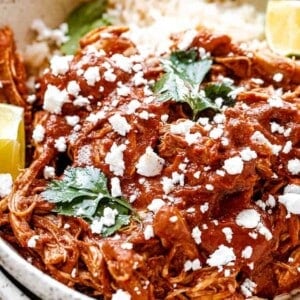 Chicken Mole served in a bowl with rice and sprinkled with cheese and cilantro