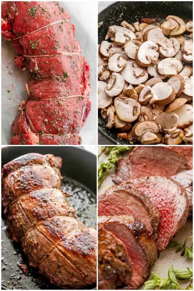 step by step collage of cooking a beef tenderloin