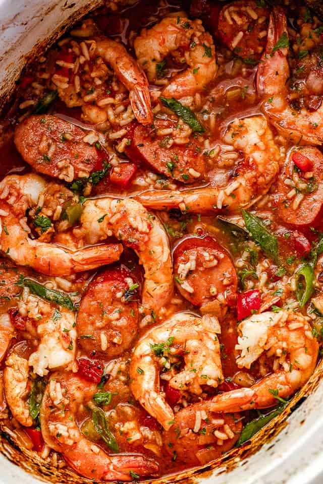 top view of cajun jambalaya in a slow cooker